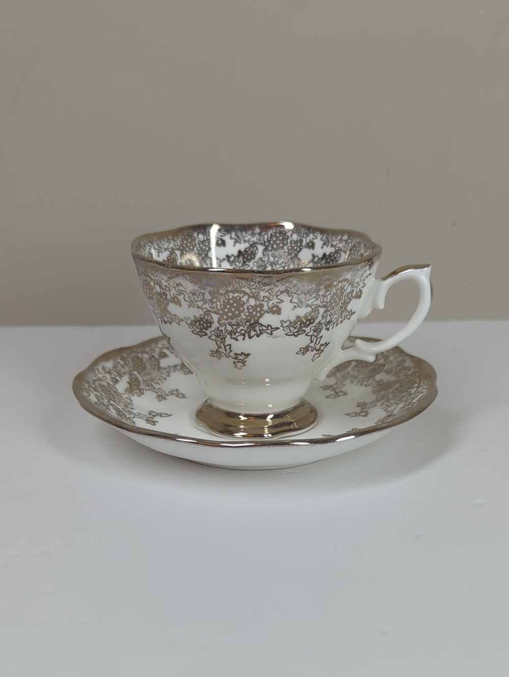 Royal Albert Malvern Guilded Grape Tea Cup And Saucer Set Vintage Tea Time Break